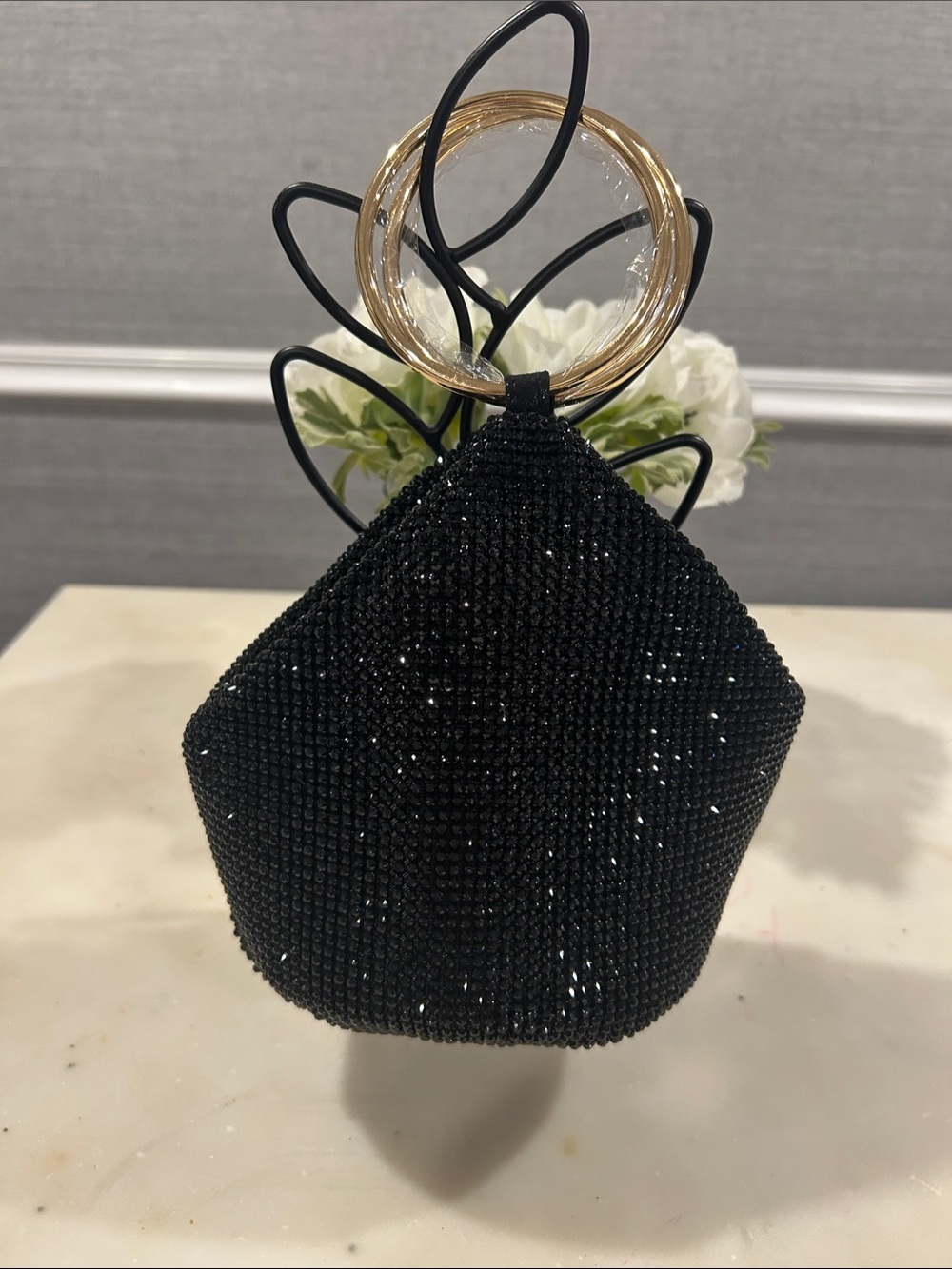 Olga Berg -Black Beaded Evening Wristlet with Gold Ring Handle